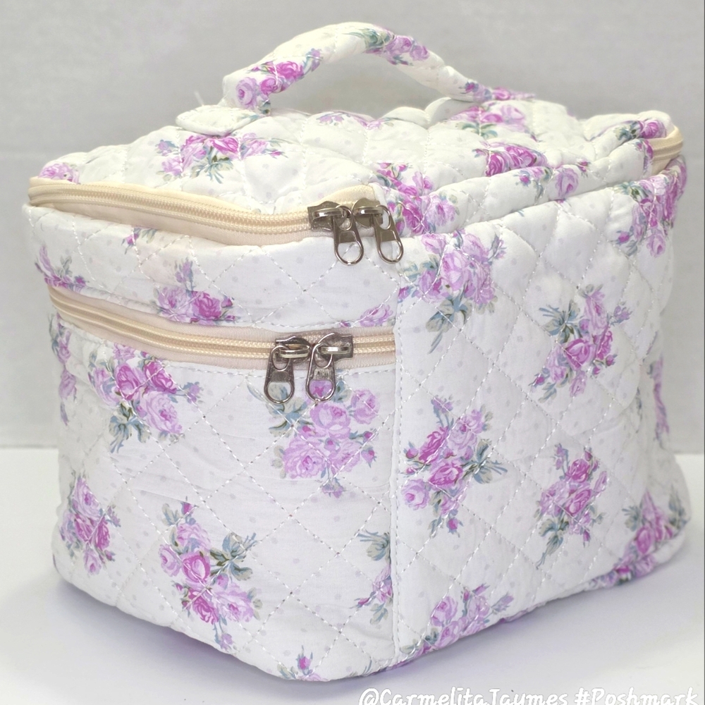 Floral Quilted 👝 3 pc XL Cosmetic Bag Set Travel Toiletry Makeup Organizer NWT - Picture 8 of 15